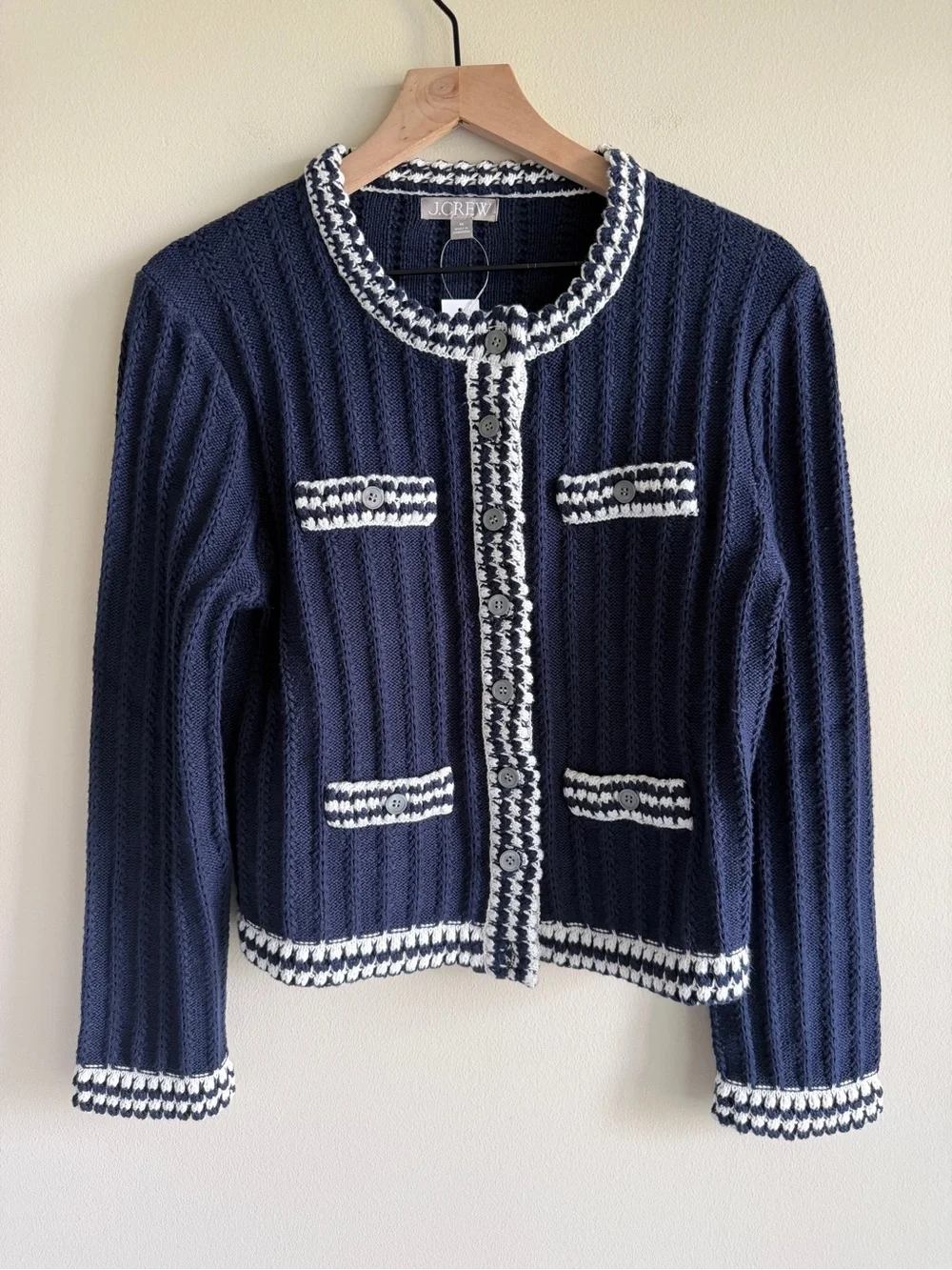 J.Crew Crochet Lady Jacket Cardigan Navy Ivory Cotton Pointelle Sweater M